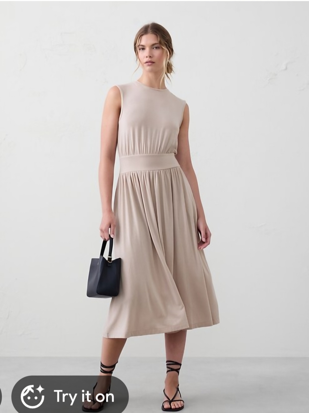 Sleeveless Knit Banded-Waist Midi Dress in Taupe W/ POCKETS!
